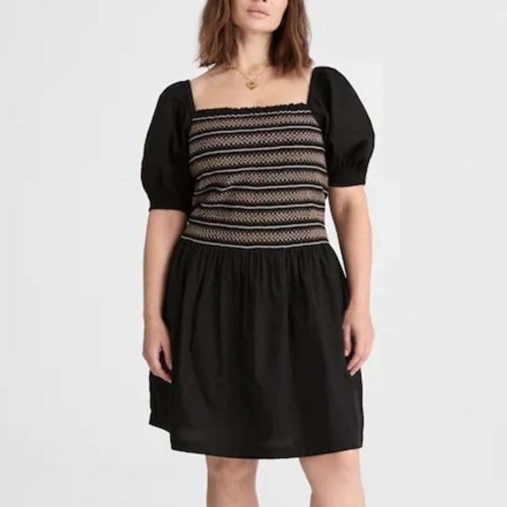 NWT Madewell Poplin Puff-Sleeve Mini Dress Smocked‎ Black Embroidered XXS